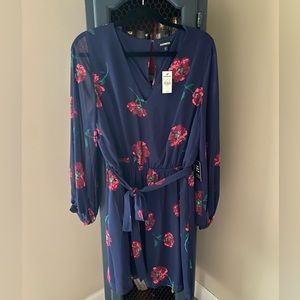 Express Navy Blue Floral dress with sheer sleeves and tie belt